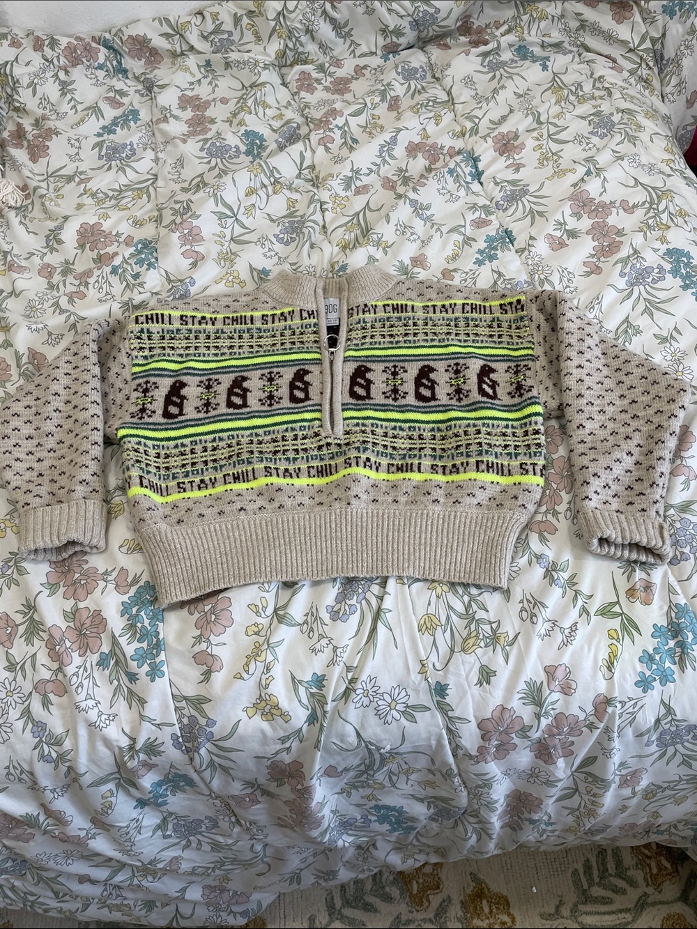 BDG Beige Knit Half-Zip Sweater with Neon Green Stripes